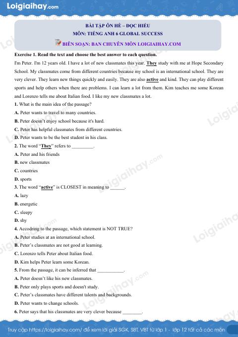 Bài tập Đọc hiểu Tiếng Anh 6 - Global Success